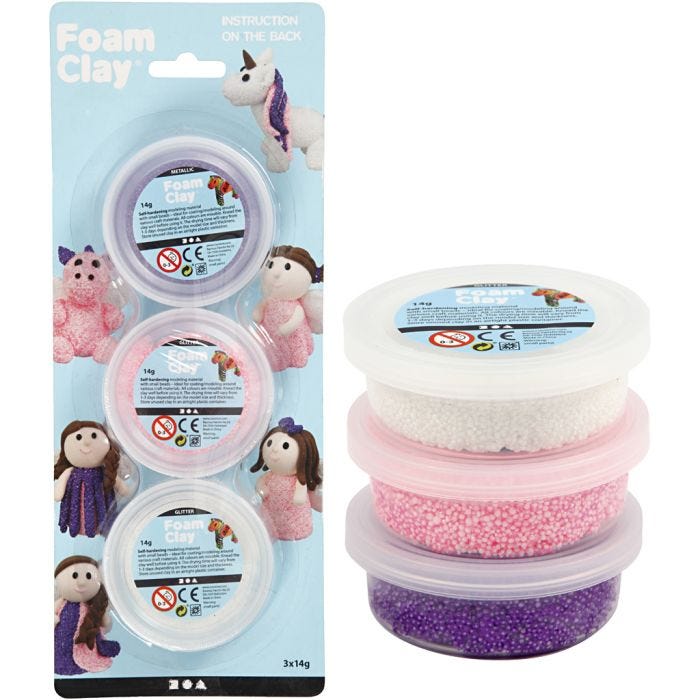 Foam Clay®, purpurina,Metálica, rosa, morado, blanco, 3x14 gr/ 1 paquete