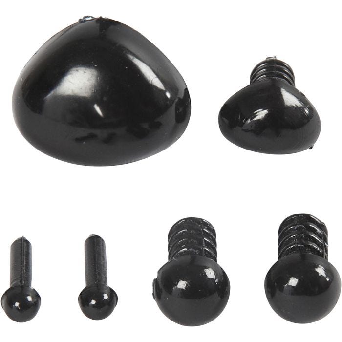 Ojos y hocicos para modelar, dia 3+6 mm, medidas 8x6+14x11 mm, negro, 20 set/ 1 paquete