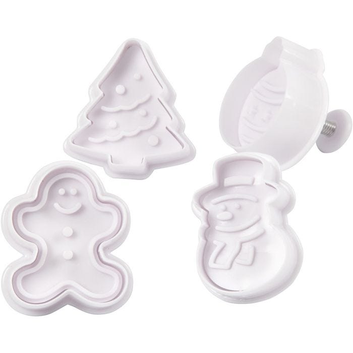 Cortador de galletas con sello, Árbol de Navidad, muñeco de nieve, hombre de gengibre, bola de Navidad, A: 5 cm, blanco, 4 ud/ 1 paquete