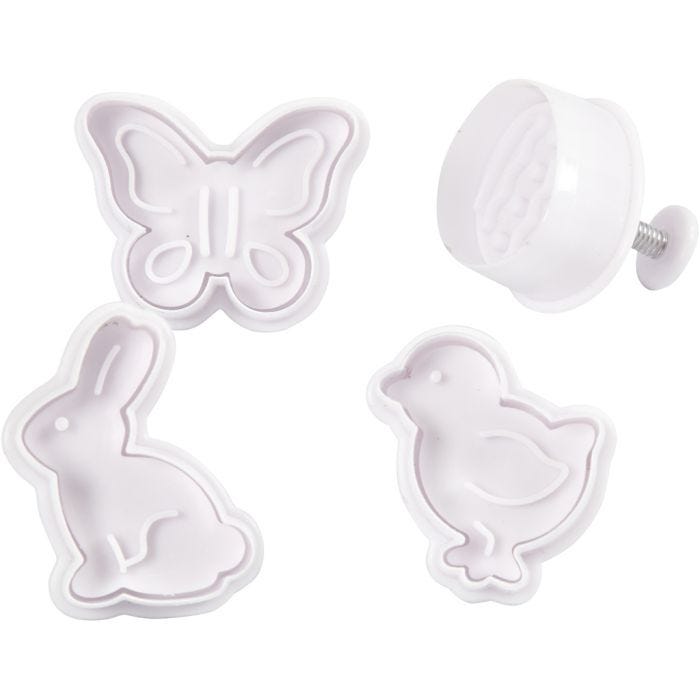 Cortador de galletas con sello, Huevos de Pascua, liebre, pollo, mariposa, A: 5 cm, blanco, 4 ud/ 1 paquete
