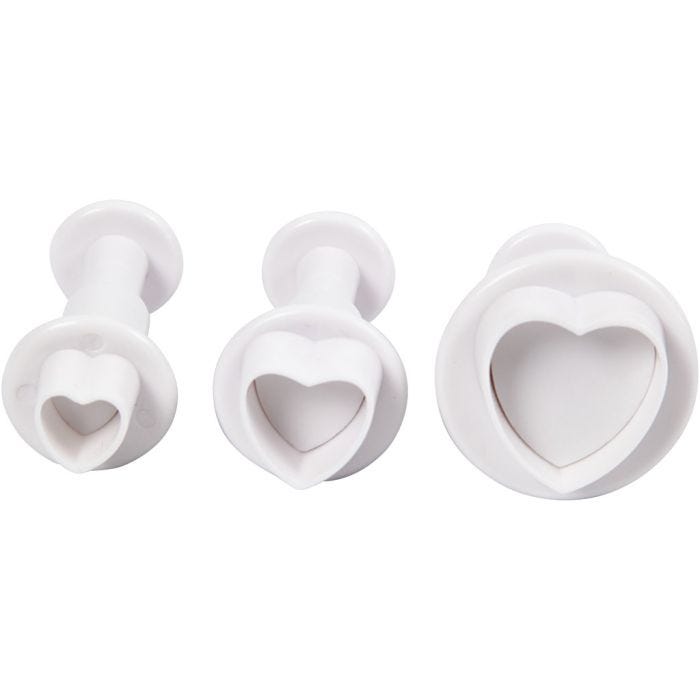 Cortador de galletas con sello, Corazón, dia 2+2,3+3 cm, blanco, 3 ud/ 1 paquete