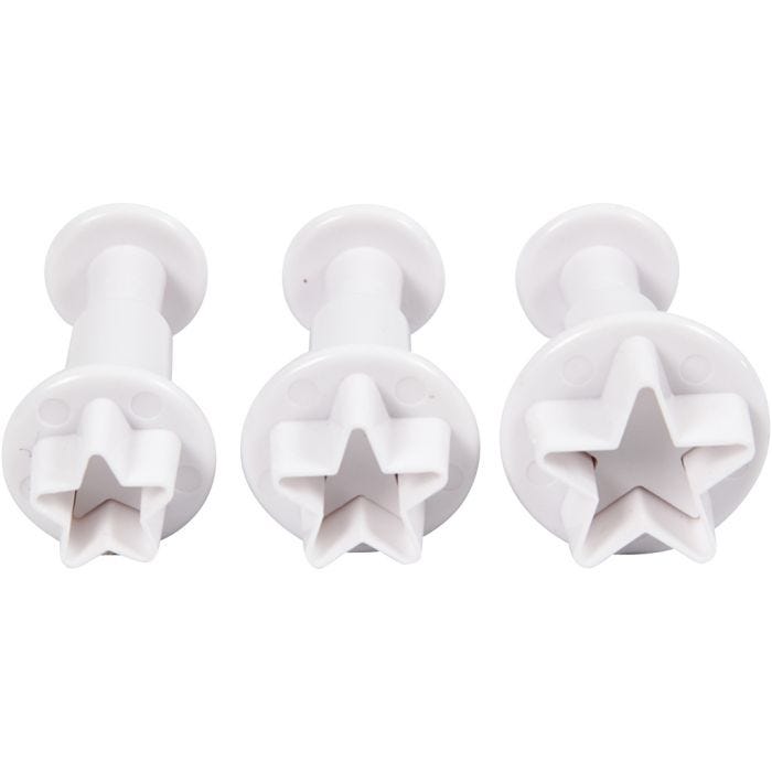 Cortador de galletas con sello, Estrella, dia 2,1+2,3+2,6 cm, blanco, 3 ud/ 1 paquete