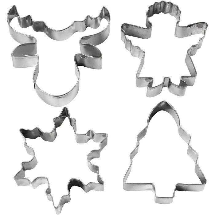 Cortador de galletas, Árbol de Navidad, ángel, reno, copo de nieve, A: 8 cm, 4 ud/ 1 paquete