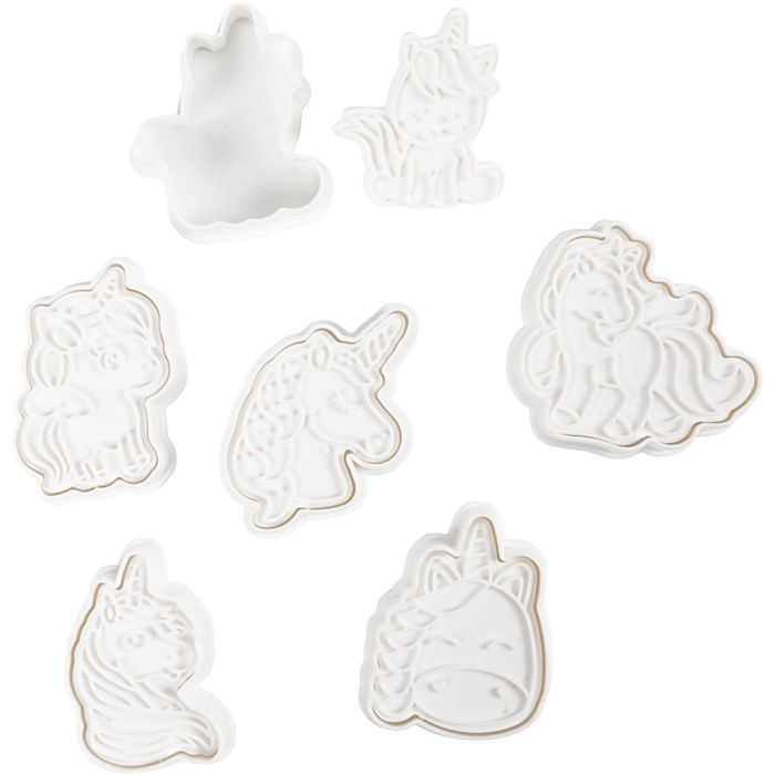 Cortador de galletas con sello, Unicornio, medidas 6-7,5 cm, blanco, 6 ud/ 1 paquete