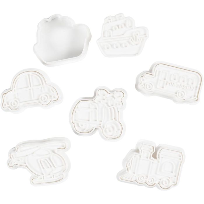 Cortador de galletas con sello, Transporte, medidas 3,5-5,5 cm, blanco, 6 ud/ 1 paquete