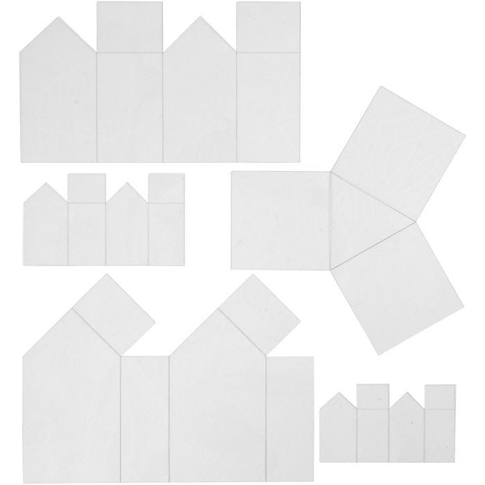 Moldes en hoja, casas y triángulos, A: 6-14,5 cm, grosor 0,5 mm, transparente, 5ud/ 1 paquete
