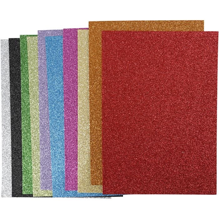 Hojas de goma EVA, A4, hoja 210x297 mm, grosor 2 mm, purpurina, surtido de colores, 10 hojas stdas/ 1 paquete