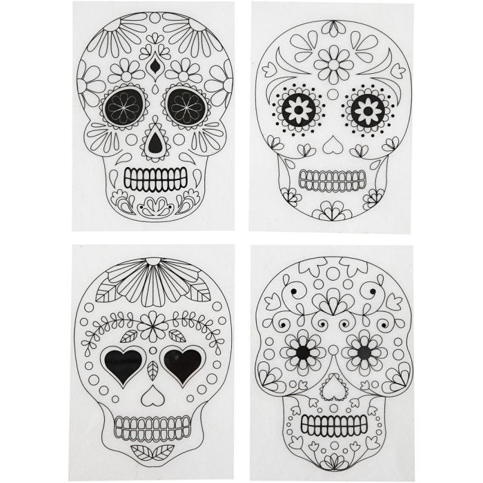 Láminas de plástico retráctil con motivos, Calaveras, 10,5x14,5 cm, 0,3 mm, mate transparente, 4hoja/ 1 paquete