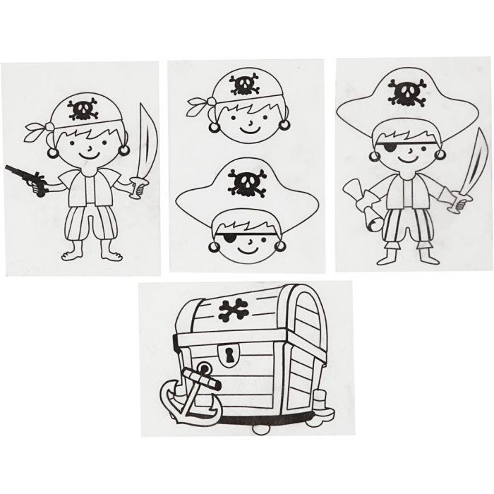 Láminas de plástico retráctil con motivos, Piratas, hoja 10,5x14,5 cm, grosor 0,3 mm, mate transparente, 4 hoja/ 1 paquete