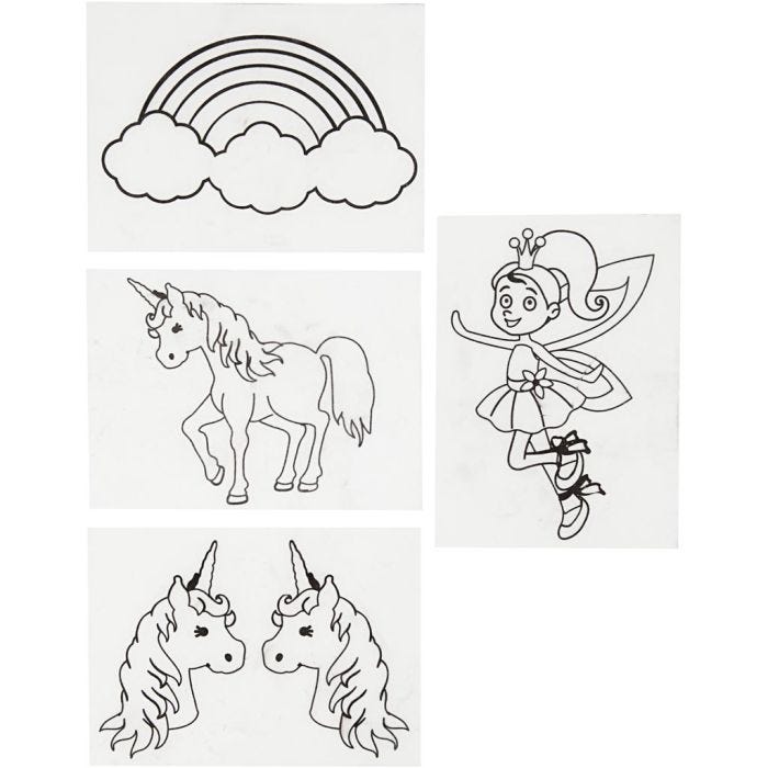 Láminas de plástico retráctil con motivos, Unicornio, hoja 10,5x14,5 cm, grosor 0,3 mm, mate transparente, 4 hoja/ 1 paquete