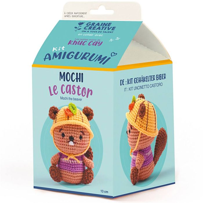 Kit Amigurumis Crochet, Mochi el castor, medidas 13 cm, 1 paquete