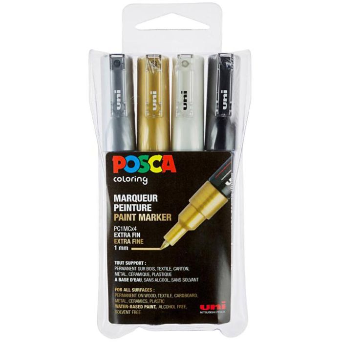 Set de rotuladores Posca, PC-1MC, medida PC-1MC, negro, dorado, plata, blanco, 4 ud/ 1 paquete