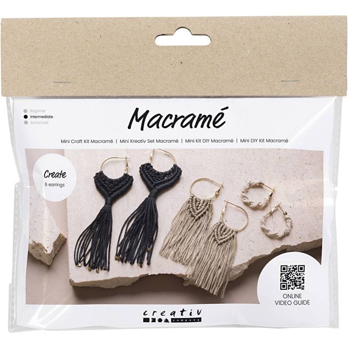 Mini kit de manualidades Macramé, Pendientes, negro, oliva-marrón, arena, 1 paquete