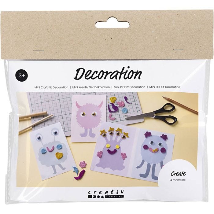 Mini Kit de manualidades Decoración, Collage de monstruos, azul pastel, verde pastel, rosa pastel, lila pastel, 1 paquete