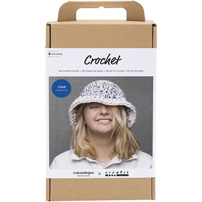 Kit de manualidades Ganchillo, Sombrero de pescador grueso, azul, color natural claro, amarillo, 1 paquete