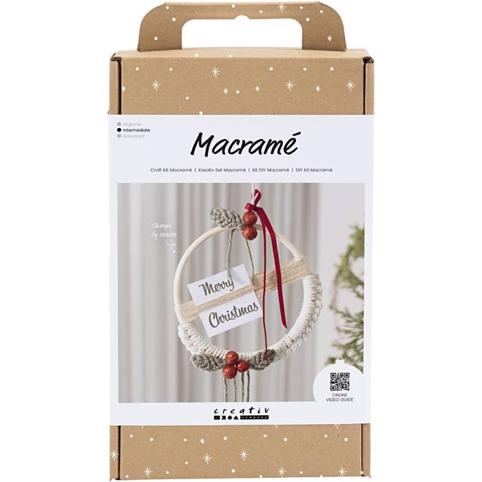 Kit de manualidades Macramé, Corona de Navidad, verde musgo, rojo navideño, blanquecino, 1 paquete