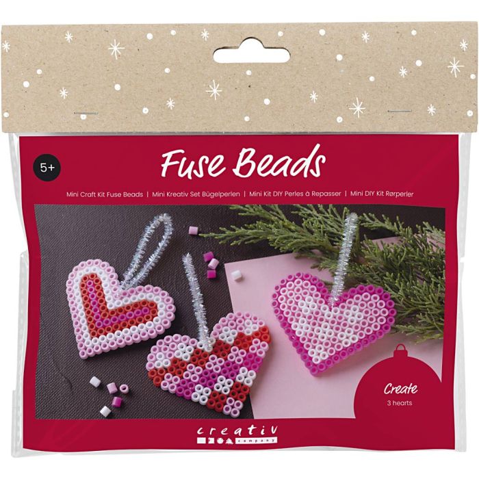 Mini Kit de manualidades Cuentas fusibles, Corazones de Navidad, rosa, rosa claro, rojo primario, blanco, 1 paquete