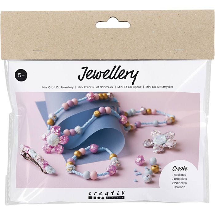 Mini Kit de manualidades Joyas, Collar, pulsera, clips, broche, azul, azul claro, rosa pastel, 1 paquete