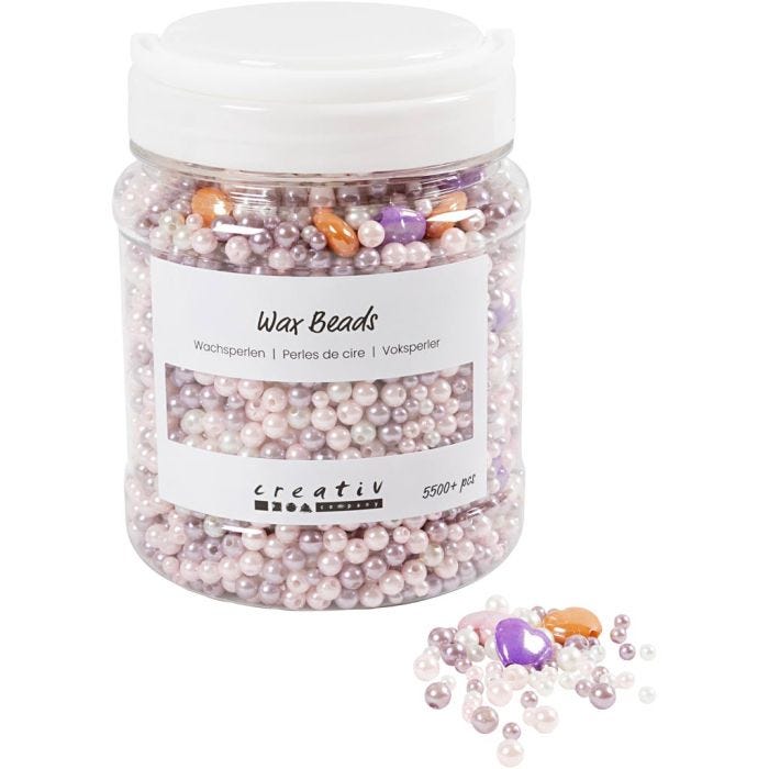 Cuentas de cera, medida agujero 1,3-2,5 mm, naranja pastel, rosado suave, lila claro, madre perla, 425 gr, 700 ml/ 1 bote