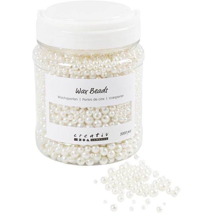 Cuentas de cera, dia 3-8 mm, medida agujero 1,3-2,5 mm, blanco perla, 430 gr, 700 ml/ 1 bote