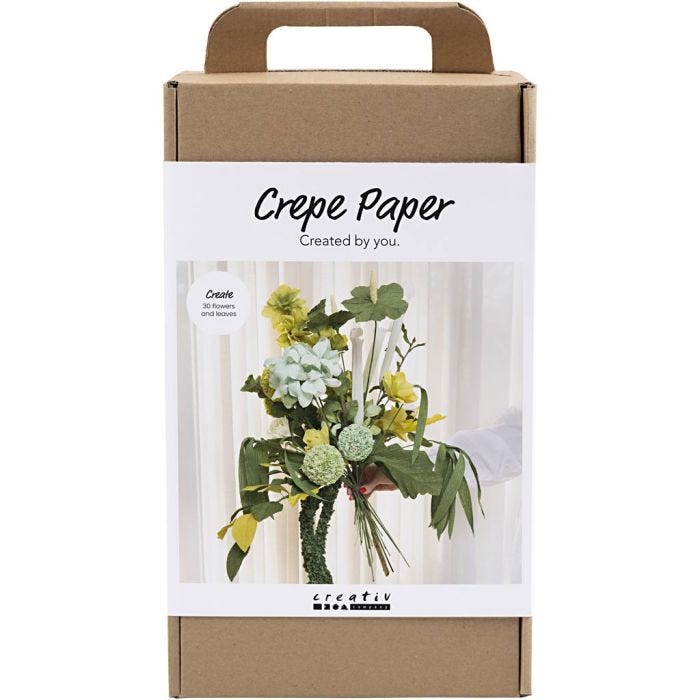 Maxi Kit de Manualidades de Papel Crepé, Ramo de flores, verde claro, verde oscuro, verde pastel, blanco, 1 paquete