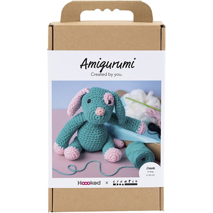 Kit de manualidades Amigurumi, Cachorro, rosa pastel, turquesa oscuro, 1 paquete