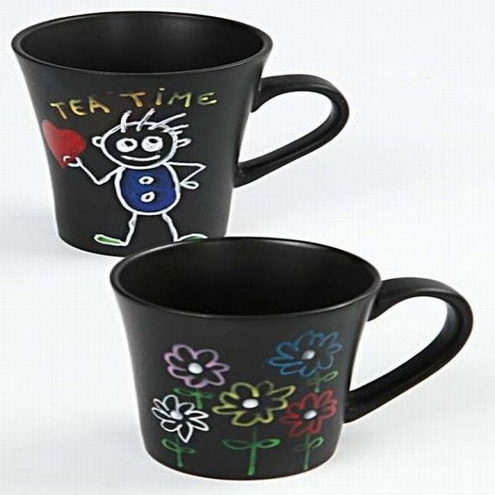 Drawings made with Glass and Porcelain Markers on Black Mugs