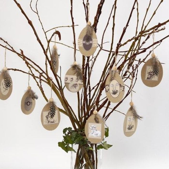 Flat Papier-Mâché Eggs with attached Motif & Guinea Fowl Feathers