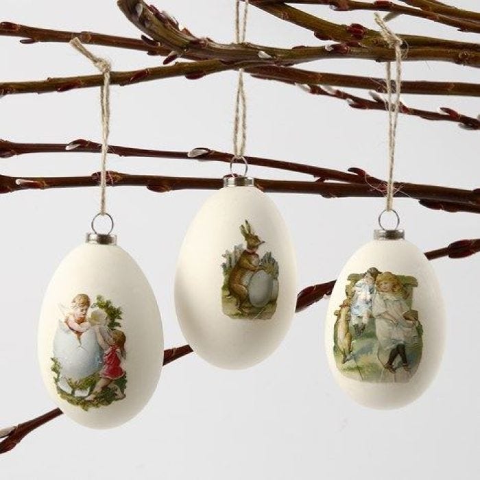 Hanging Goose Eggs with glued-on Vintage Die-Cuts