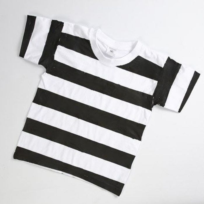 A Prison Uniform made from a white T-Shirt with black Stripes