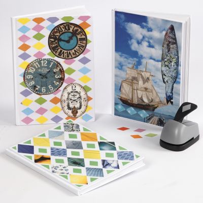 Un libro con un collage de papel Color Bar Paper y revistas