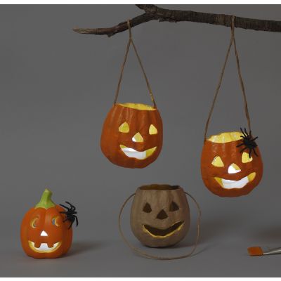 Farolillos para Halloween hechos de papel mâché y terracota