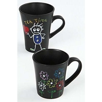 Drawings made with Glass and Porcelain Markers on Black Mugs