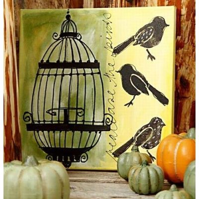 An Art Canvas with Birds and a Cage