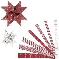 Tiras de papel para estrella, L. 44+78 cm, dia 6,5+11,5 cm, A: 15+25 mm, rojo, blanco, 60 tiras/ 1 paquete
