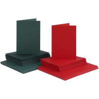 Tarjetas y sobres, medida tarjeta 10,5x15 cm, medida sobre 11,5x16,5 cm, 110+230 gr, verde, rojo, 50 set/ 1 paquete