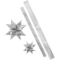 Tiras de estrellas, L. 86+100 cm, dia 11,5+18,5 cm, A: 25+40 mm, plata con purpurina, 16 tiras/ 1 paquete