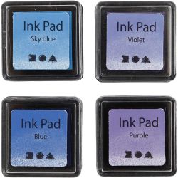 Almohadilla de tinta, A: 2 cm, medidas 3,5x3,5 cm, azul, azul cielo, morado, violeta, 4 ud/ 1 paquete