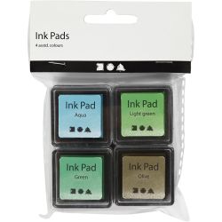 Almohadilla de tinta, A: 2 cm, medidas 3,5x3,5 cm, verde, verde claro, verde oliva, aqua, 4 ud/ 1 paquete