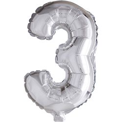 Globo foil, n&uacute;mero 3, A: 41 cm, plata, 1 ud