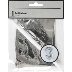 Globo foil, número 3, A: 41 cm, plata, 1 ud